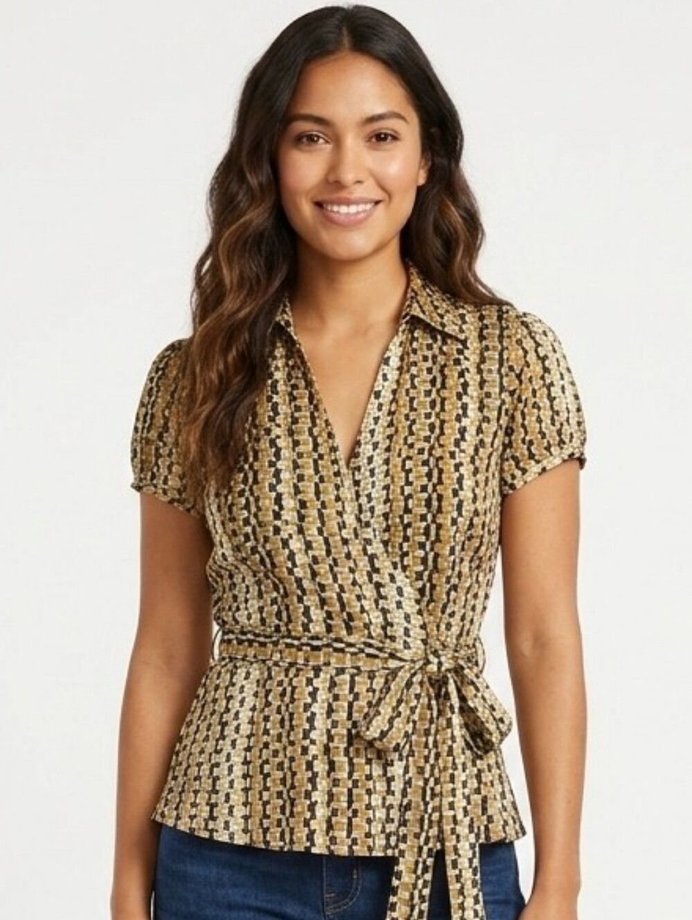 LOFT Gold and Black Print Wrap Blouse